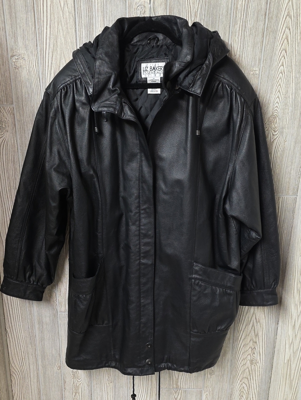 Liz Baker Essentials Vintage Black Leather Hooded Coat Womens Size 2X